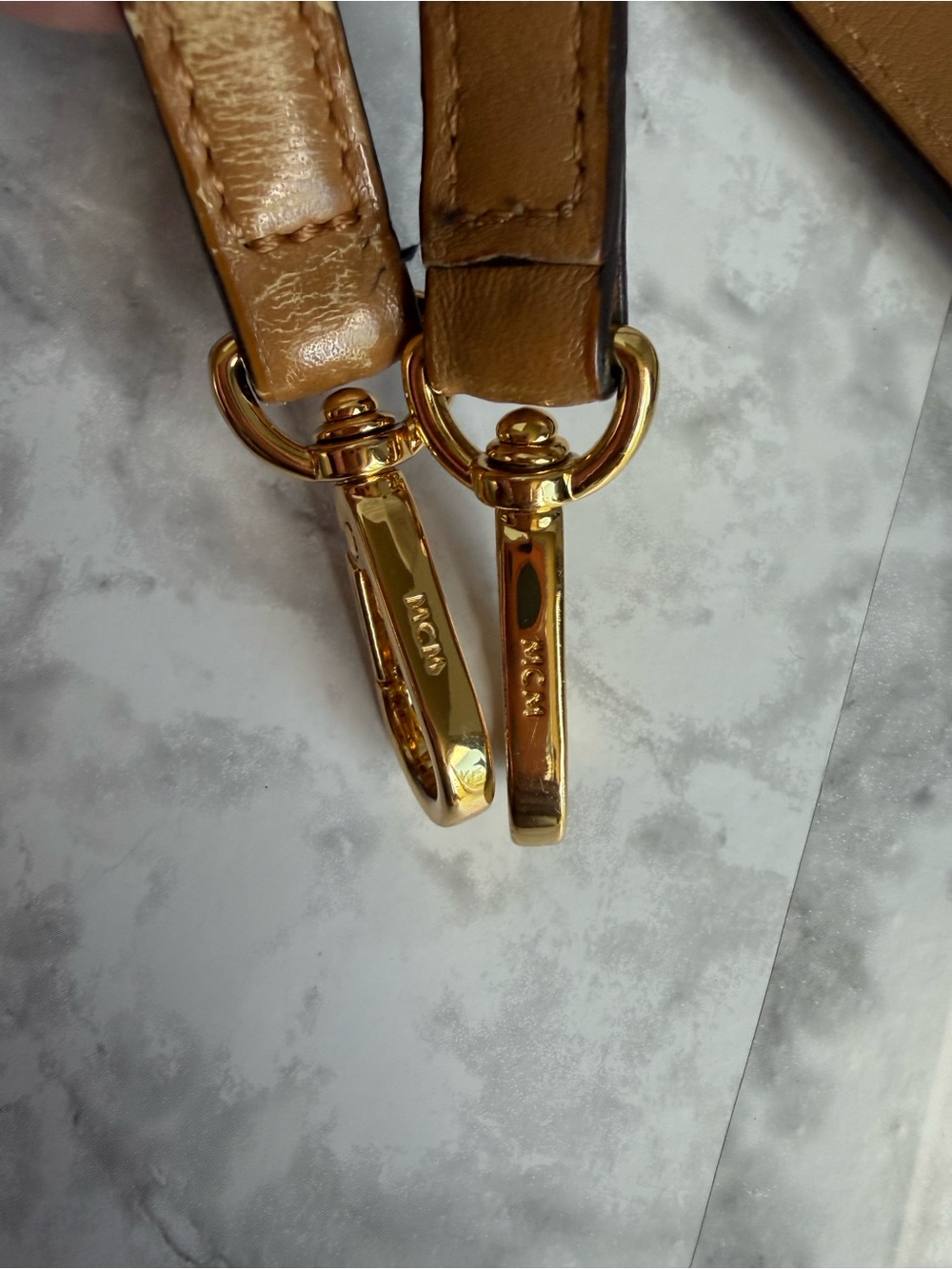 MCM Tan Leather Crossbody Strap with Gold Hardware
